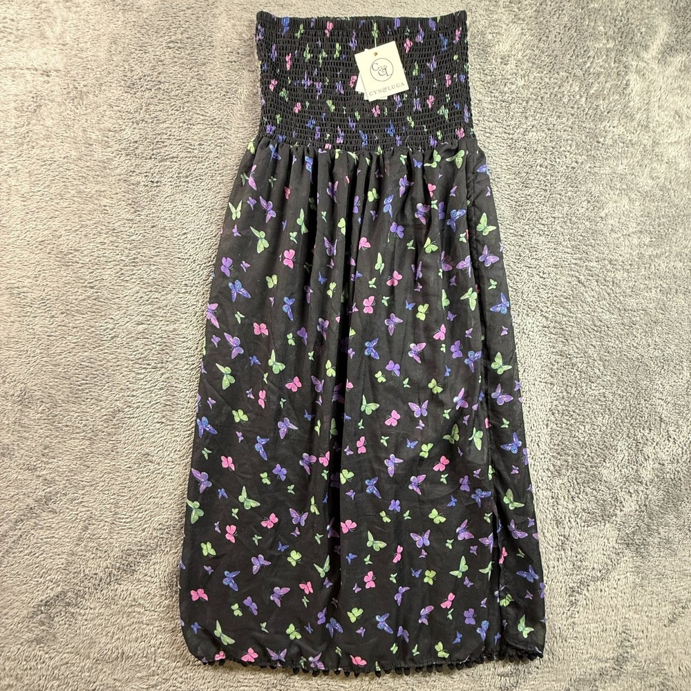Cyn & Luca Smocked Butterfly Print Maxi Skirt Beach Cover Up Black NWT Small S